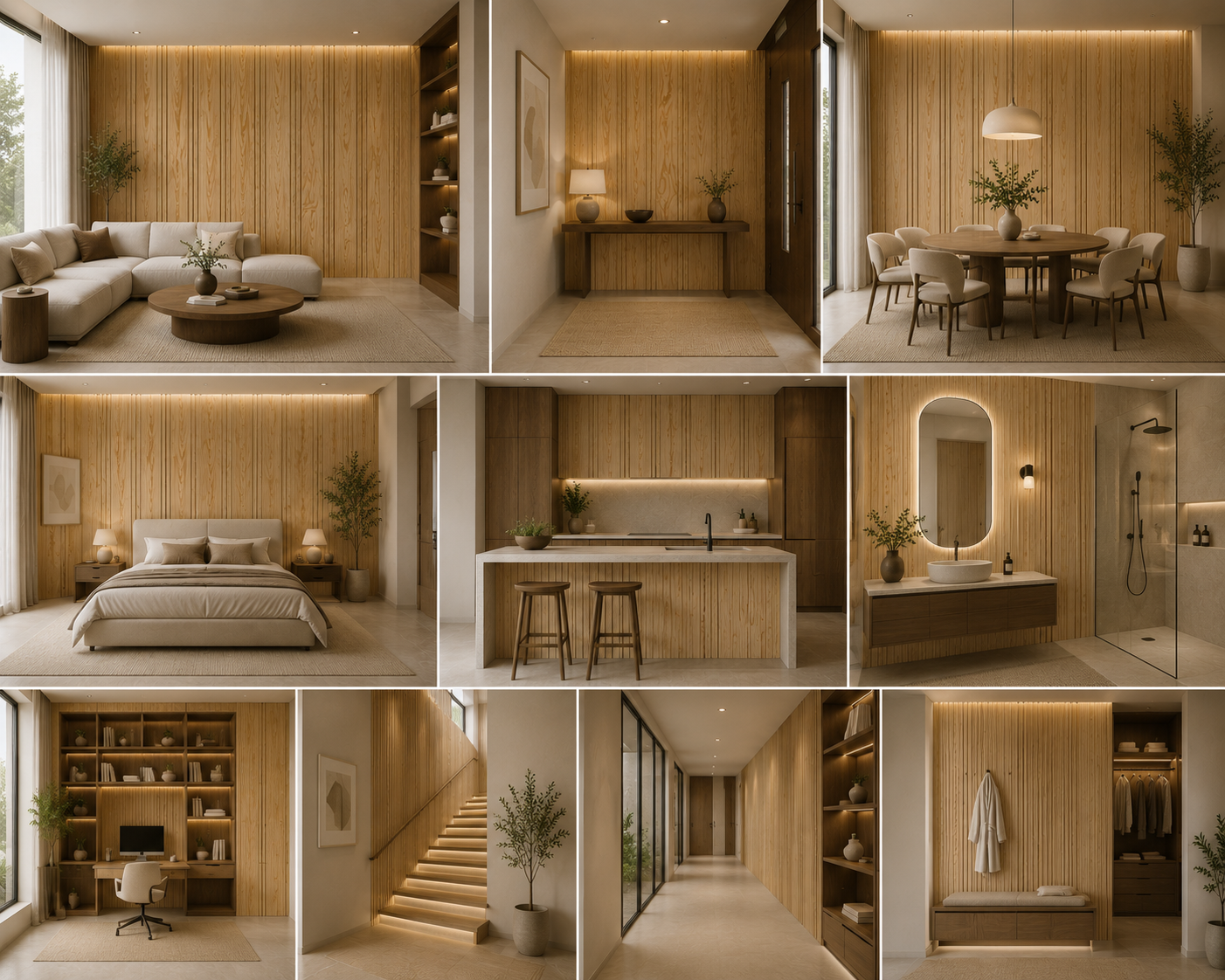Natural Wood Slim-Groove 3D Wall Panel - Installed in living room, bedroom hallways kitchen