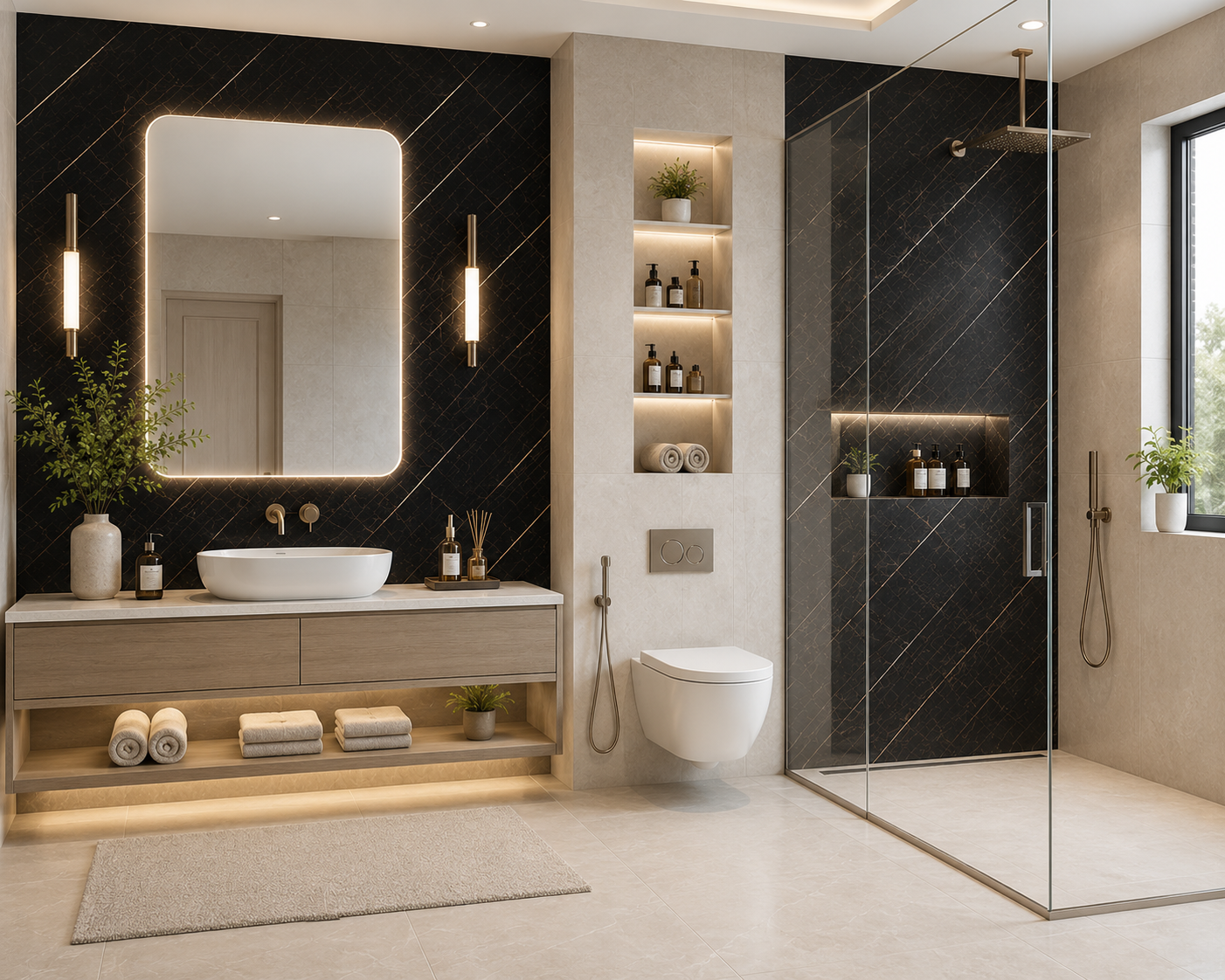 Midnight Gold Waterproof Wall Panel installed in bathroom and shower