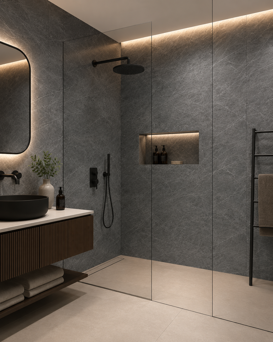 Graphite Vein Waterproof wall panels installed around shower