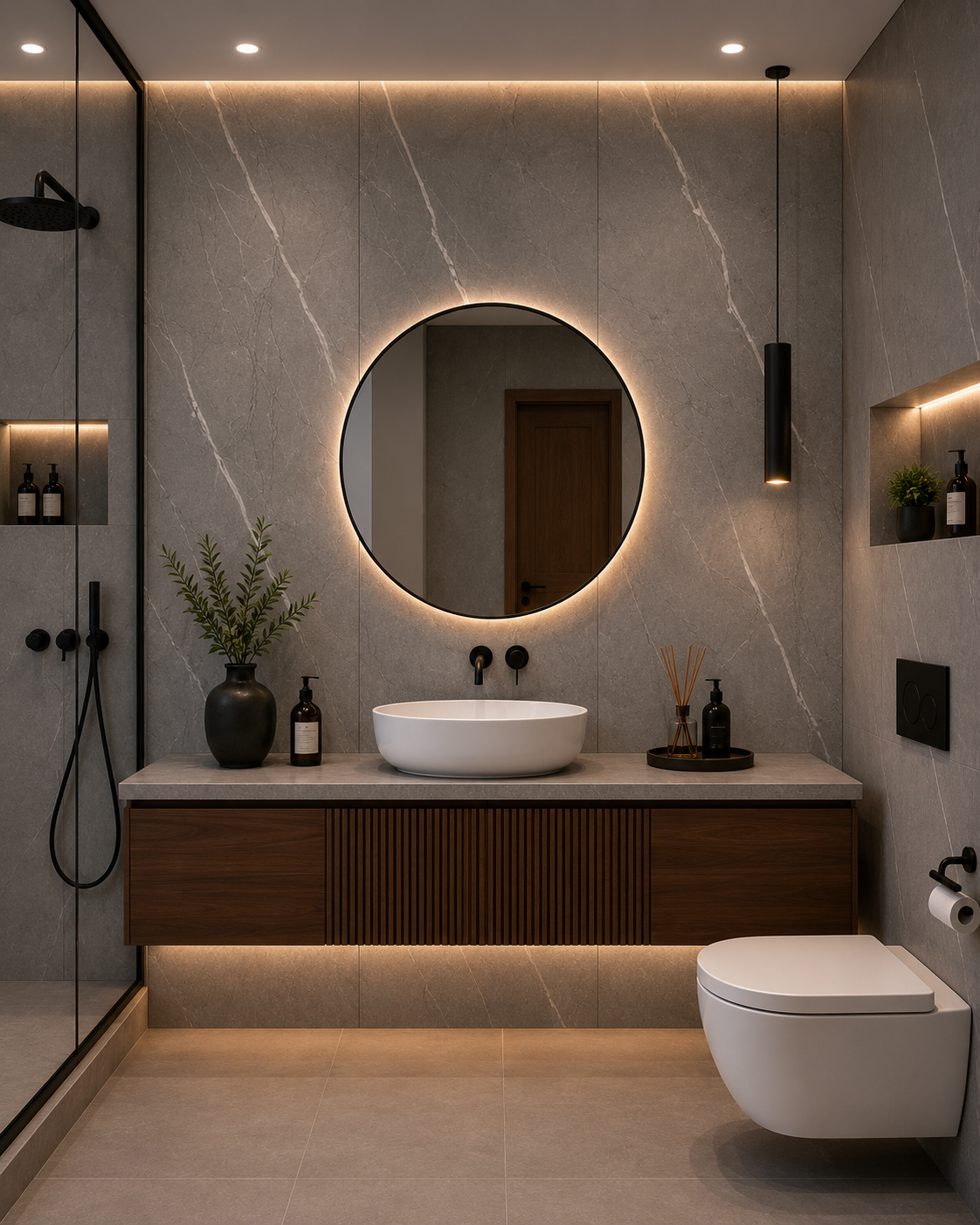 Silver Slate Waterproof wall panels installed in bathroom