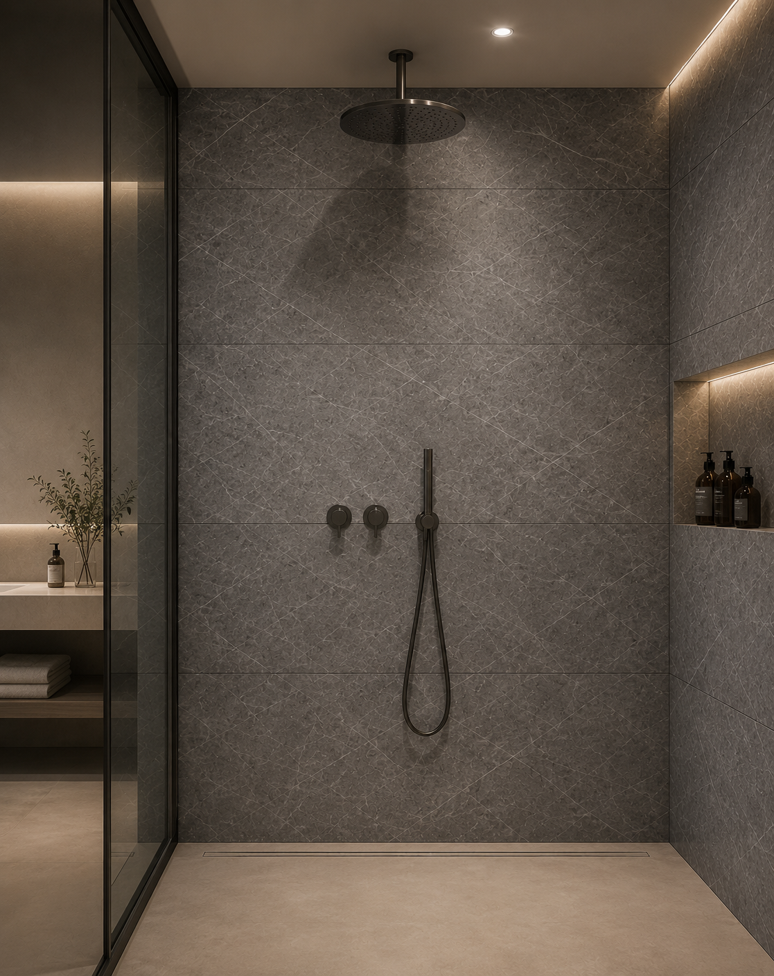 Graphite Vein Waterproof Wall Tiles installed in shower