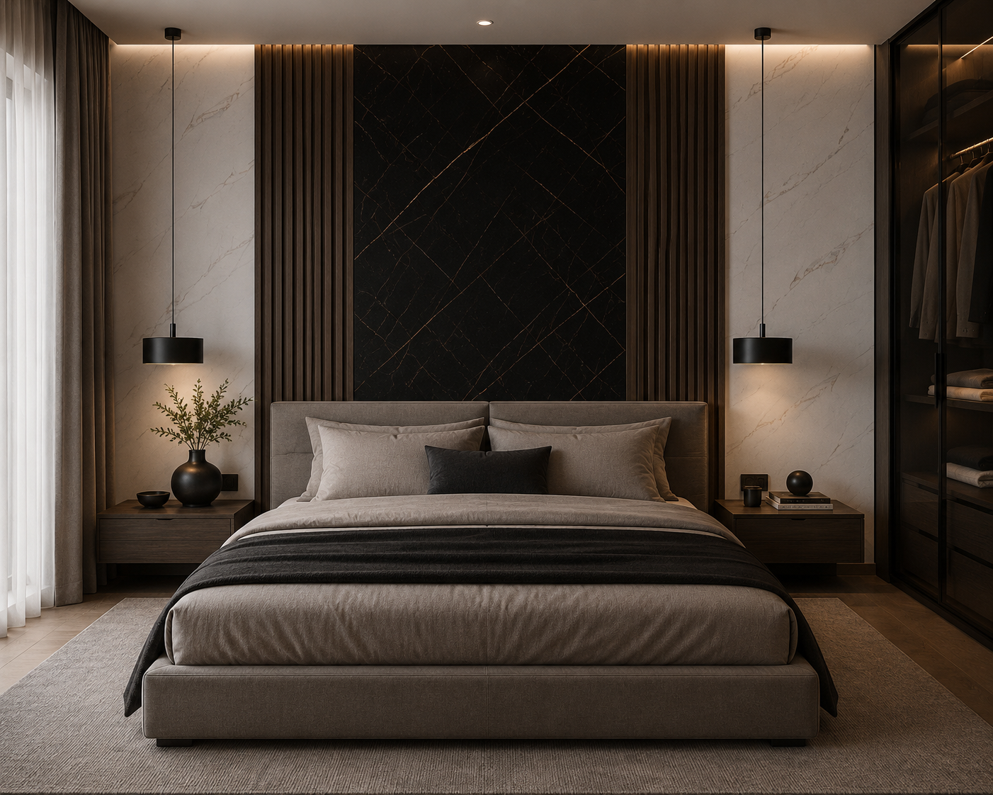 Midnight Gold Waterproof Wall Panel installed in bedroom with different panels combinations