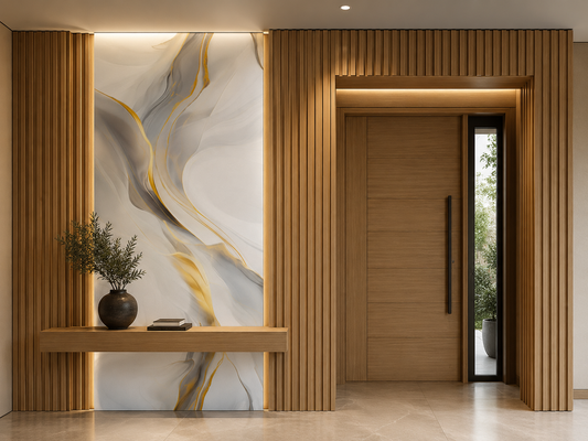 Aurum Veil Luxury Wall Panel installed in hallway entrance with 3D panels