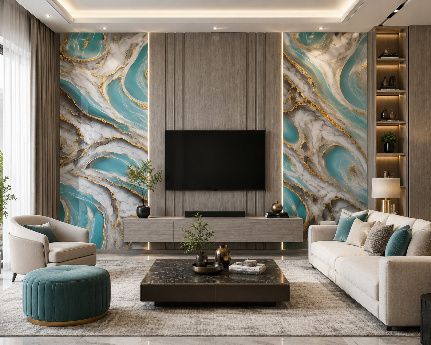 Laguna Gold Luxury Wall Panel installed in TV room with 3D panel 